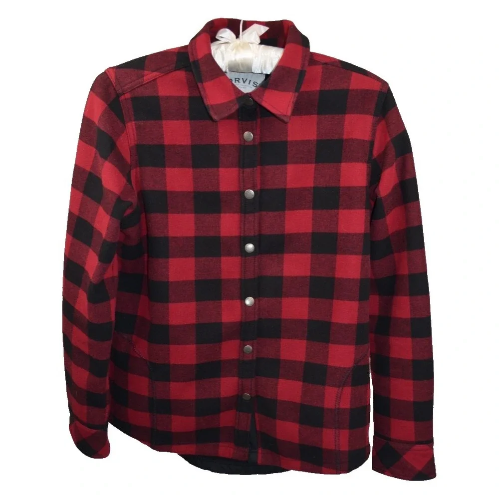 Orvis‎ Shirt Jacket Women's L Red Black Buffalo Plaid Snap Button Fleece Lined